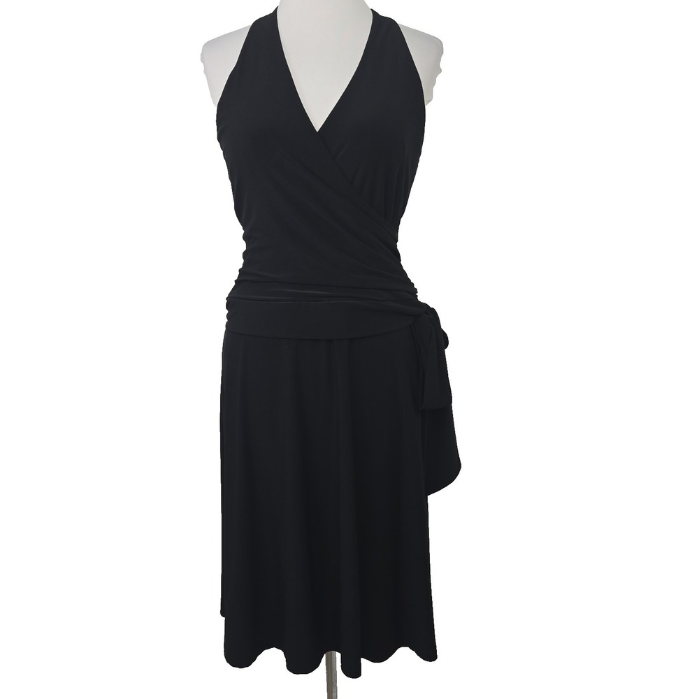 Jones New York Size 6 Faux Wrap Sleeveless V-neck‎ Black Stretch Knit Dress